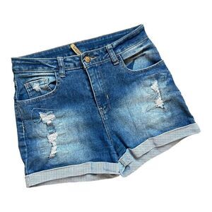 Juniors Womens Vertiche Medium Rinse Cuffed Distressed Denim Jean Shorts - Sz 7